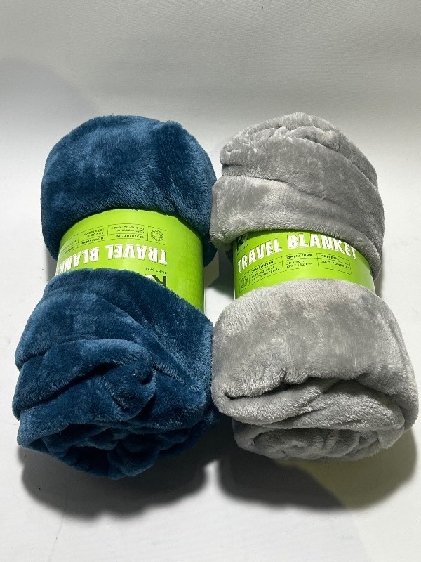 lot 30 image: Bundle of 2 Super Soft Travel Throw Blankets - Grey & Blue - 60 x 50