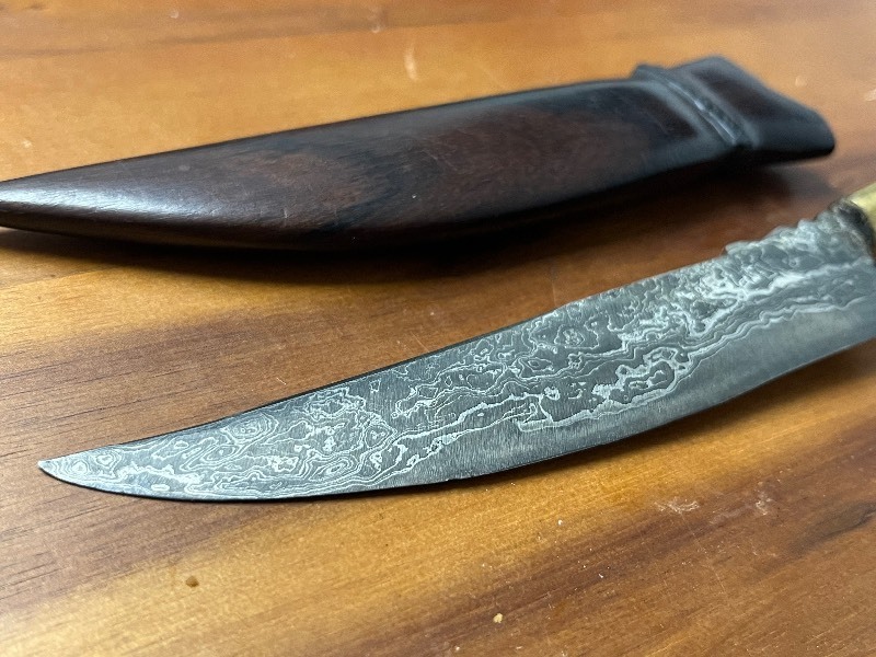 lot 33 image: Super Unique Damascus Blade w HandCarved Buddha Elephant Design Handle - Wooden Sheath