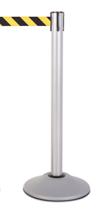 lot 8 image: Premium Retractable Belt Stanchion - Silver powder coated steel post with 15lb base & 7.5 safety yellowblack chevron belt Retails $65