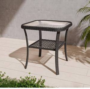 lot 8502 image: Outdoor Wicker Side Table with Lower Storage, Rattan Coffee Table with Tempered Glass Top, Brown