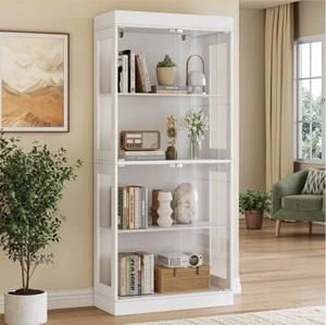lot 8511 image: Display Cabinet with Glass Doors,4-Tier Curio Cabinet for Collectibles, Tempered Glass Display Case with Handleless Design for Living Room, Office, Kitchen-White