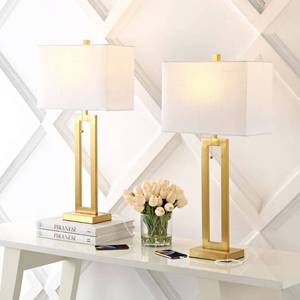 lot 8520 image: JONATHAN Y Sabrina 28.5  Vintage Industrial Iron LED Table Lamp with Pull-Chain and USB Charging Port  Brass Gold (Set of 2)