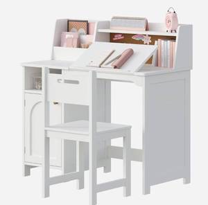 lot 8521 image: Kids Study Desk and Chair Set, Kids Desk with Hutch and Tiltable Desktop for 3-8 Years Old, Wooden Children Study Table with Storage Cabinet, Student Writing Desks Bedroom, Home School, White