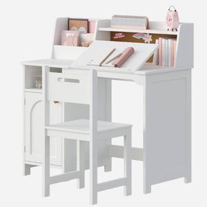 lot 8522 image: Kids Study Desk and Chair Set, Kids Desk with Hutch and Tiltable Desktop for 3-8 Years Old, Wooden Children Study Table with Storage Cabinet, Student Writing Desks Bedroom, Home School, White