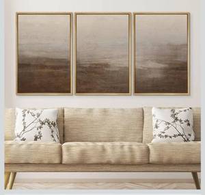 lot 8523 image: Framed Canvas Print Wall Art Abstract Hazy Landscape Modern Minimalist Beige and Brown Nature Wilderness Modern Art Cool for Living Room, Bedroom, Office - 24x36x3 Natural