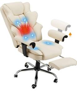 lot 8524 image: Ergonomic Executive Office Chair, 6-Point Massage Manager Chair with Heating Function, Adjustable Backrest Home Office Chair with Adjustable Footrest and Armrests (Beige)