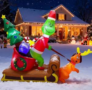 lot 8531 image: 6.5FT Christmas Inflatable Outdoor Decoration, Christmas Blow Up Yard Decorations, Green Monster with Sleigh Dog and 7 LED Lights, Light Up Yard Lawn Inflatable Decor