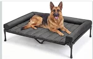 lot 8537 image: Veehoo Cooling Elevated Dog Bed Add Removable Waterproof Bolster Cushion Mat, Raised Pet Cot with Breathable Teslin Mesh, No-Slip Feet, Dog Couch Bed for Indoor Outdoor, 53 inches, Black