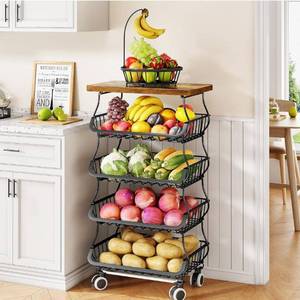 lot 8560 image: Fruit Basket Kitchen Pantry Organizers and Storage - Wooden Top Table, Stackable Metal Wire Basket Stand Cart for Fruit Vegetable Snacks Onion Potato Organization (Black, 5 Tiers)