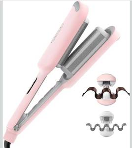 lot 8577 image: Curling Iron Hair Crimper Waver - TYMO ROVY Beach Waves Curling Wand, Ionic Deep Waver Hair Curler Tool with Ceramic 3 Barrel for Women, Dual Voltage, Anti-Scald, Easy to Use, Pink, 1.25 Inch