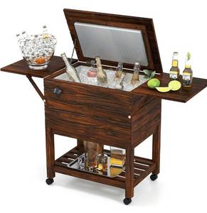 lot 8585 image: Moccha 54-Quart Rolling Cooler Cart - Wooden Rolling Ice Chest Cooler Cart w 2 Drop Leaf Tables, Bottle Opener, Pine Wood Outdoor Beverage Cooler, Patio Cooler on Wheels for Parties Yard Pool Deck