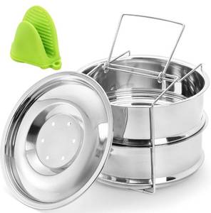 lot 8586 image: WUWEOT Stackable Steamer Insert Pans, 7.8 Inches Stainless Steel Pot-in-Pot Baking Pan, 2 Tier Pressure Cooker Accessories with Sling Handle and Silicone Gloves for Instant Pot