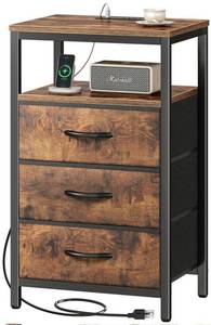 lot 8590 image: Huuger Nightstand with Charging Station, 27.6 Inch Bedside Table with Fabric Drawers, End Table with USB Ports and Outlets, Night Stand for Bedroom, Rustic Brown