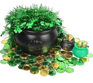 lot 8601 image: St. Patricks Day Pot of Gold Set, 8 In Black Plastic Cauldron Bucket with Lucky Coins Gems Shamrock Garland & Sequins for Leprechaun Treasure Hunt St. Patricks Day Party Decoration