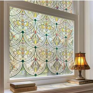 lot 8639 image: 3D Stained Glass Window Film, Decorative Window Privacy Film for Bathroom,Front Door,Home, Sun Blocking Heat Control,Static Cling, Removable Non-Adhesive Golden Ironwork 23.6inch x 35.4inch