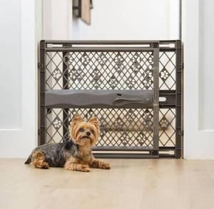 lot 8642 image: MYPET North States Paws Portable Pet Gate 26-40 Wide. Pressure Mount. No Tools Needed. Made in USA, 23 Tall, Expandable, Durable Dog Gates for Doorways, Fieldstone Gray