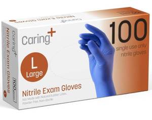 lot 8652 image: Caring Nitrile Exam Gloves, Blue, Powder-Free, Disposable Gloves for Medical Care, First Aid, Cleaning, Food Prep
