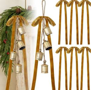 lot 8653 image: Suncalla 2 Pcs Christmas Cow Bells with 8 Pcs Khaki Velvet Christmas Bows Vintage Gold Bell Decorations with Velvet Ribbon Bows for Xmas Tree Wall Home Wedding Wreath Garland Staircase Indoor Outdoor