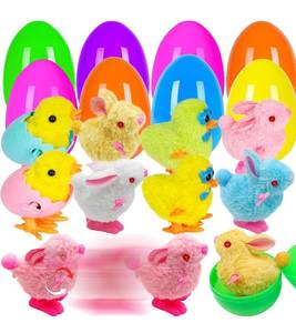 lot 8655 image: 8 Pack Jumbo Easter Eggs Filled with Wind-Up Toys, Plush Chicks and Bunnies, Prefilled Easter Eggs for Kids Easter Hunt, Basket Stuffers, Party Favors and Classroom Prizes