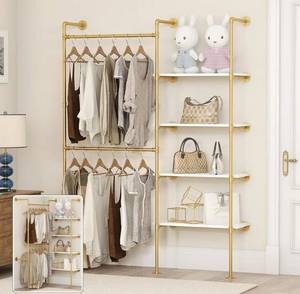 lot 8662 image: Industrial Pipe Clothing Rack, Heavy Duty Adjustable Garment Hanger with Shelves, 2 Installation Methods Closet Storage System for Wardrobe Organization (Gold, 80 H x 55 W)
