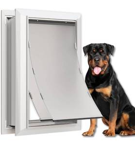 lot 8676 image: Aluminum Dog Door for Exterior, Cutout Size 14 12W x 25 18H, Heavy Duty Magnetic Double Flap for Extreme Weather, Energy-Efficient, Easy to Assemble, Lockable Panel Included, Silver (X-Large)