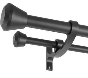 lot 8690 image: Matte Black Double Curtain Rods, 48 to 84 Inch, Heavy Duty 1-Inch Front and 58 Inch Back, Decorative Telescoping Drapery Rod with End Cap