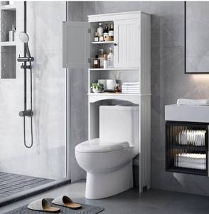 lot 8696 image: Bealife Over The Toilet Storage Cabinet with Open Shelf, Organizer with Adjustable Shelf and Double Doors,Over The Toilet Storage Shelf Free Standing- White