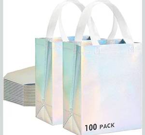 lot 8722 image: 100 Pcs Iridescent Glossy Gift Bags Medium Size, 8x4x10 In Holographic Reusable Gift Bags with Handles & Sturdy Base, Ideal for Birthday, Wedding, Bachelorette, Party Favors, Holiday Goodie Bag