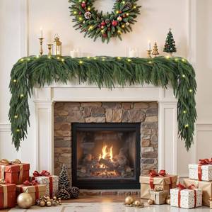 lot 8728 image: 6ft Artificial Christmas Garland with Lights, Real Touch Norfolk Pine Garland, Green Christmas Garland for Mantle, Table, Fireplace, Indoor, Outdoor Christmas Decorations
