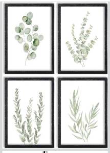 lot 8740 image: Botanical Wall Decor Sign 16x11 Inch Set of 4 Sage Green Plants Wood Framed For Bathroom Modren Bedroom Aesthetic Watercolor Laundry Room Art Wall Hanging (Black)