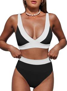 lot 8744 image: Hilinker High Waisted Bikini Sets Bathing Suit for Women Tummy Control V Neck 2 Piece Swimsuits Black White Colorblock Medium