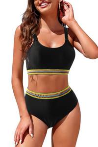 lot 8745 image: Adisputent Womens High Waisted Bikini Sets Sporty Crop Top Color Block Swimwear Bandeau Scoop Neck Vintage Two Piece Bathing Suits Black Woven M