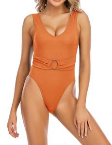 lot 8747 image: Vogueric Womens One Piece Swimsuit Ribbed O-Ring Belted U-Back Swimwear High Cut Cheeky Bathing Suit Orange Medium