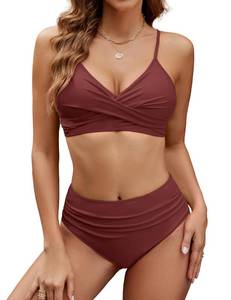 lot 8748 image: Edelqual Womens High Waisted Bikini Sets Two Piece Swimsuit Tummy Control Bathing Suit V Neck Twist Front Swimwear Swim Suit 2025(Medium,Brick Red)