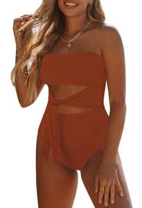 lot 8752 image: Viottiset Womens Bandeau One Piece Swimsuit Strapless Tie High Cut Out Bathing Suit Burnt Orange X-Large