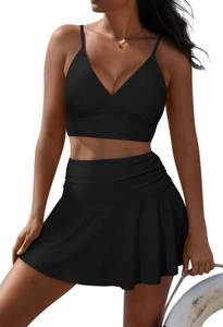 lot 8753 image: Pink Queen Womens High Waisted Bikini Set Two Piece Swimsuit V Neck Spaghetti Straps Swim Skirt Bathing Suit Black M