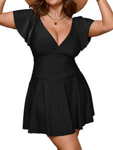 lot 8758 image: SCOMCHIC Womens Plus Size Bathing Suit One Piece Swimsuit Swim Dress Tummy Control Ruffle Wrap V Neck Swimwear Black 3XL
