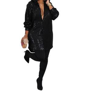 lot 8760 image: Lyaheima Womens Sequin Dress Shirt Glitter Long Sleeve Mini Dress for Party, Clubwear - Black L
