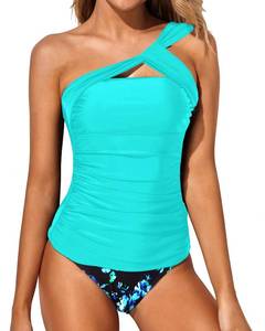 lot 8765 image: Tempt Me Aqua Blue Flower Two Piece Tankini Bathing Suits for Women One Shoulder Swim Top with Bottom Swimsuits L
