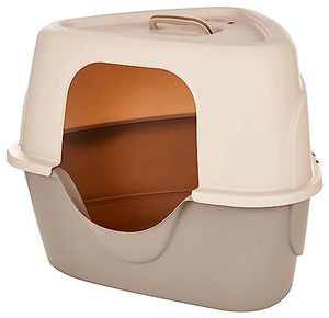 lot 4669 image: $46 Amazon Basics No-Mess Hooded Corner Cat Litter Box, Triangle