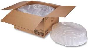 lot 4676 image: $50 WNA Caterline Dome Lids, Plastic, 18 Dia x 2-34 H, Clear, 25 pc