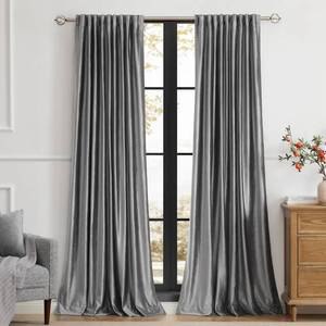 lot 4684 image: $49 PRIMROSE Dark Grey Velvet Curtains 102 inch, Set of 2