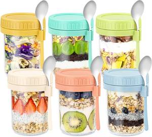 lot 4808 image: DRKIO 6 Pack Overnight Oats Jars with Lids & Spoons, 16 oz Glass