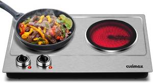 lot 608 image: Double Burner, CUSIMAX 1800W Ceramic Electric Hot Plate for Cooking, Dual Control Infrared Cooktop, Portable Countertop Burner, Glass Plate Electric Cooktop, Silver, Stainless Steel-Upgraded Version