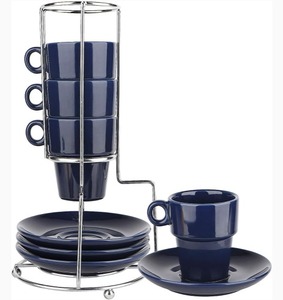 lot 620 image: Pumxi Porcelain Espresso Cups with Saucers, Ceramic Demitasse Cups with Metal Stand- 3.3OZ95MLStackable Espresso Mugs, for Specialty Coffee Drinks, Cappuccino and Tea - Set of 4(Blue)