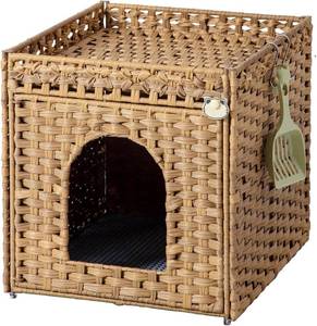 lot 624 image: Cat Litter Box Enclosure Furniture, Hidden Litter Box with Mat and Fence, Handwoven Rattan Cat House with Two S-Shaped Hooks for Living Room, Bedroom, 18.5 x 20.5 x 19.1 Inches (Natural)