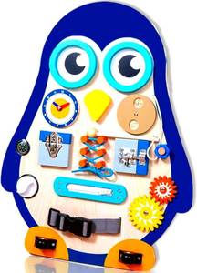 lot 6181 image: Toddler Busy Board, Large Montessori Busy Board for Toddlers, Sensory Board, Baby Busy Board for Toddlers, Wooden Activity Boards (Penguin)