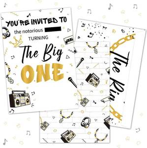lot 6313 image: The Notorious One Birthday Decorations, 25 Set of Black and Gold The Big One Theme Invitations with Envelopes, Hip Hop Theme 1st Birthday Invite Cards for One Year Old Party Supplies
