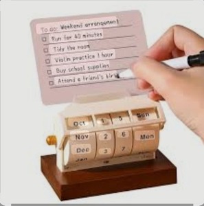 lot 6315 image: LAVENGASK small desktop calendar 2025-2026 Any year) Wooden Wheeling Calendar Month Week Day Date Display for Home Office,Reusable Reminder List Travel Record Card Metal & ABS Desk Calendar with Reminder Card and Erase Marker portable and reusable