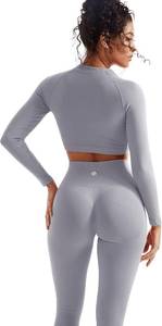 lot 6352 image: SUUKSESS Women 2 Piece Workout Sets Hidden Scrunch Hip Lifting Seamless Leggings Long Sleeve Yoga Crop Tops Medium